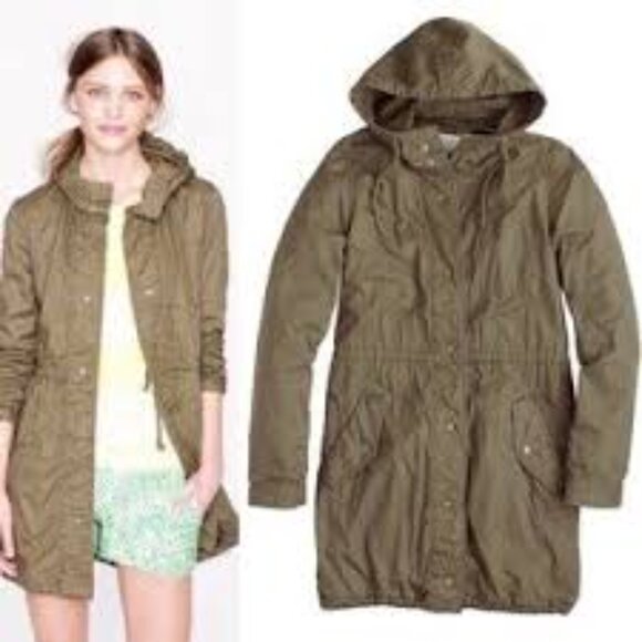 J Crew Charlie Army Green Button Front Long Hooded Utility Jacket Size M - Picture 1 of 15
